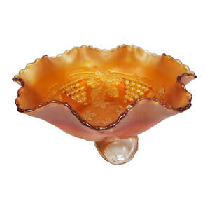 VTG Fenton Carnival Glass Vine Leaf Marigold Stag & Holly Ruffled Footed Bowl